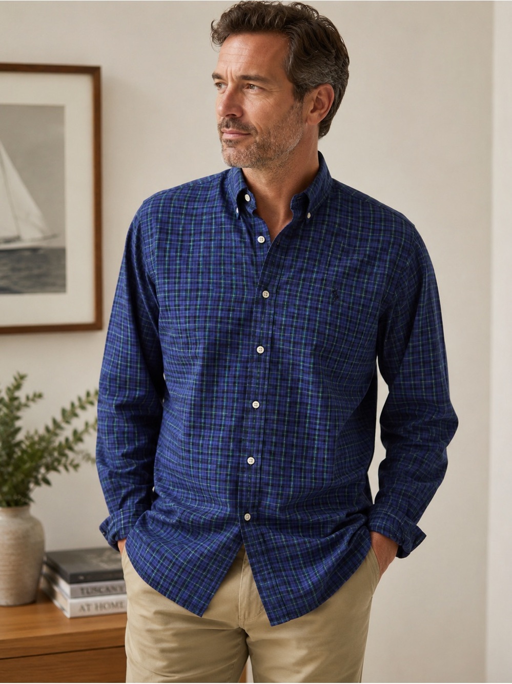 Ralph Lauren Blake Blue Green Plaid Button Down Shirt 100% Cotton Classic Fit